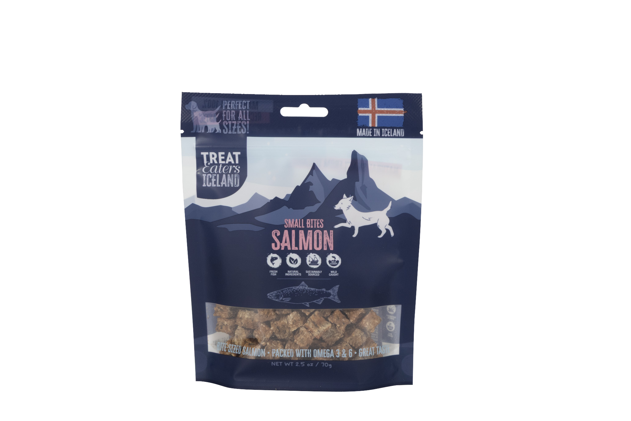 TEICE_29003_smallbitessalmon_front Treateaters Iceland Salmon Small Bites 70g - Image 1